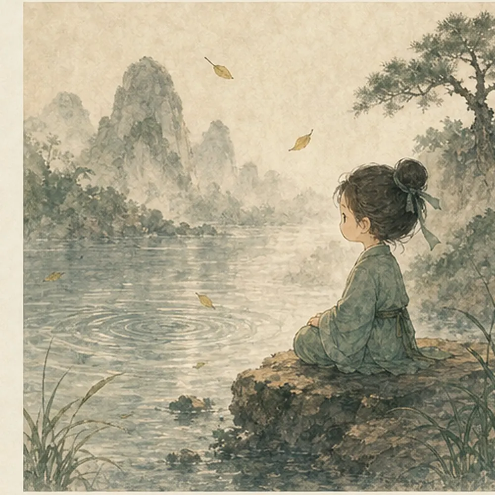 小修行者坐在风与水面之间观察波纹自然起落，表现心息相随但不控制呼吸。