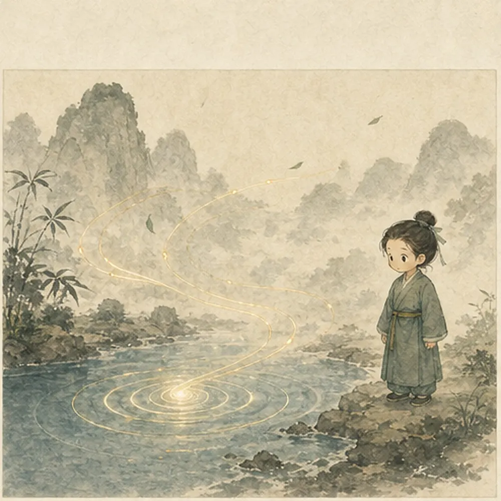 一阵柔风与一圈水波彼此响应，小修行者只在旁观察，表现心与息相互牵动。