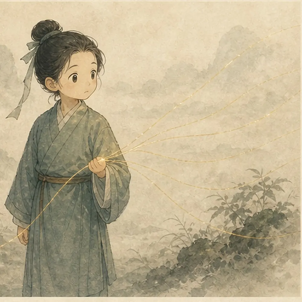 小修行者面对多根牵引线，只轻握当前需要的一根，表现意的方向与选择作用。