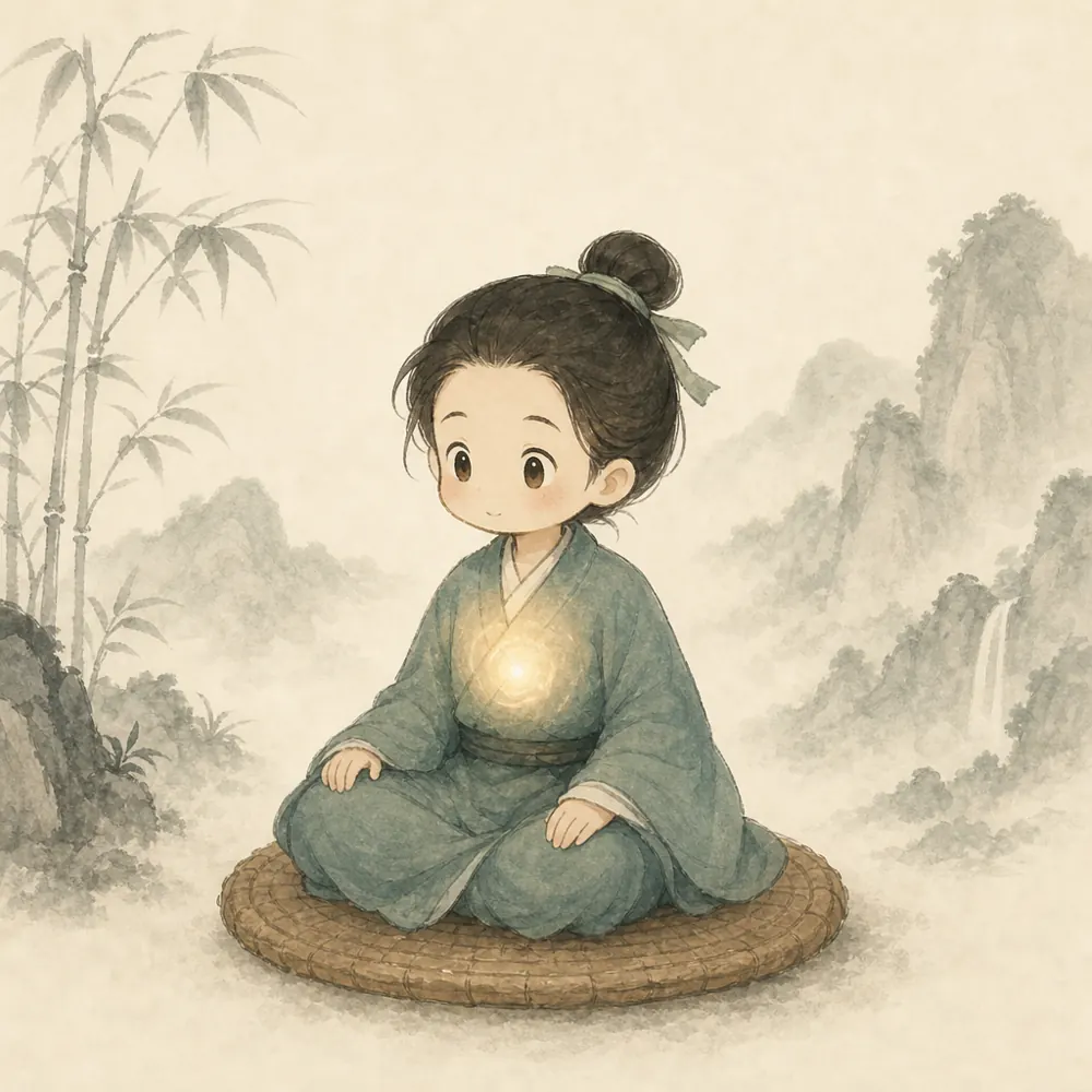小修行者安静坐在山水间，胸前一盏柔和灯光象征清明主位，不表示身体中真实发光。