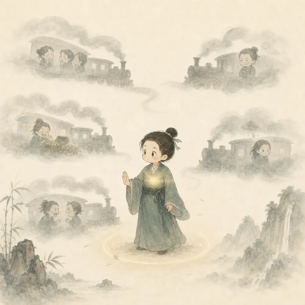 小修行者停在稳定的纸色圆垫上，向外的线条暂时不再延伸，表现止住跟随。