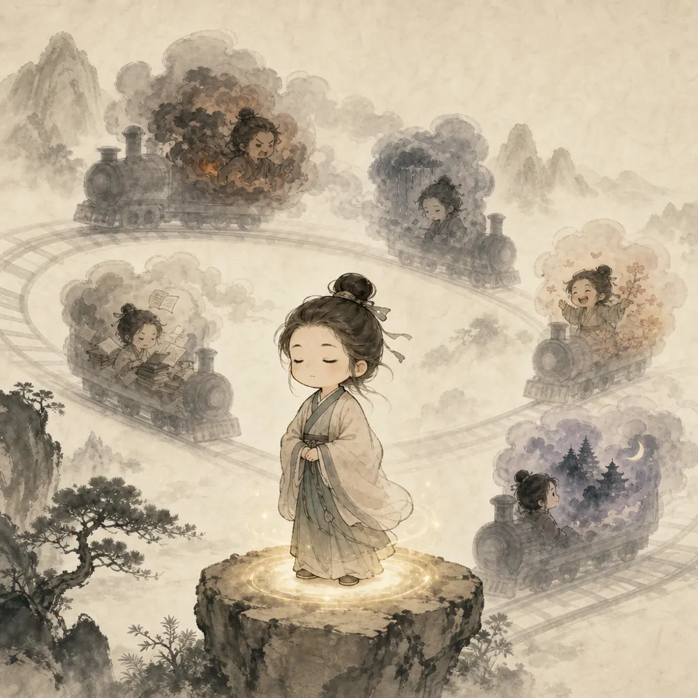 小修行者同时面对停步的稳定圆环与照见的柔光，表现止与观互相配合。