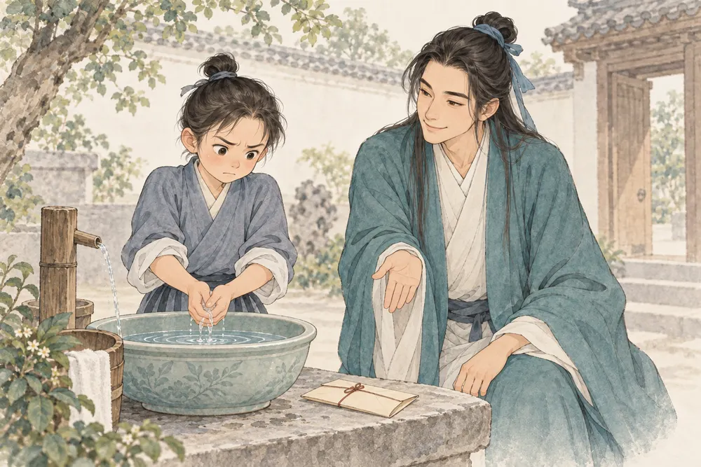小读者在水盆前洗过手，仍皱眉看着一封信；吕祖形象耐心提醒，信放在盆外的桌上。
