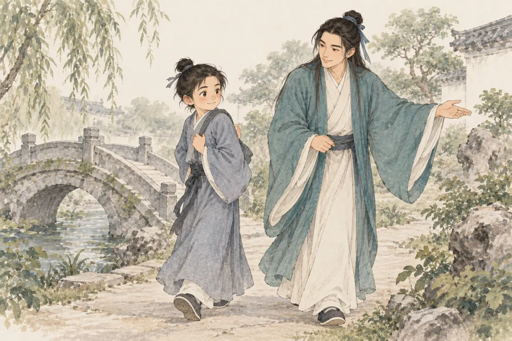 吕祖形象和小读者走过园中石桥，继续沿小路向前，身后的桥安稳留在原处。