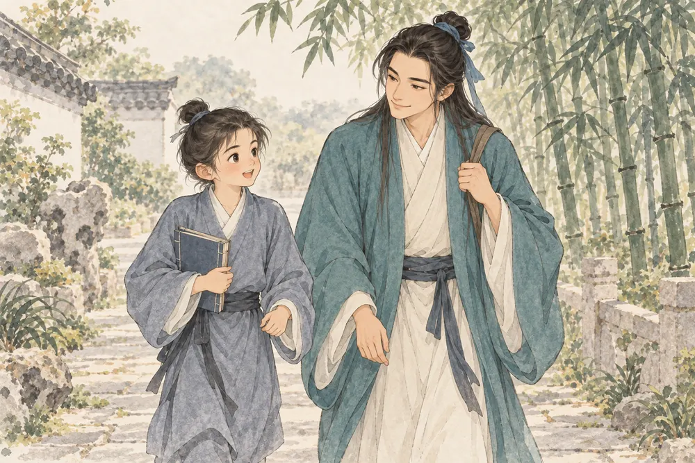 吕祖形象与小读者在竹径上并肩行走，步态轻松，没有低头紧盯彼此的脚步。