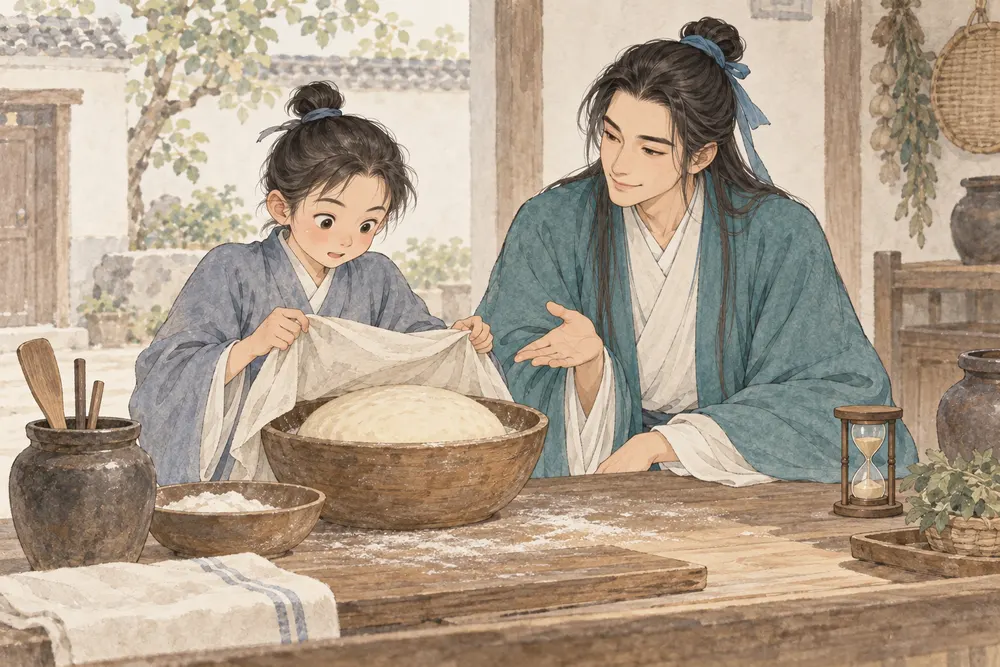 书院小厨房里，小读者揭开盖布查看碗中的面团，吕祖形象指向面团，沙漏放在一旁。