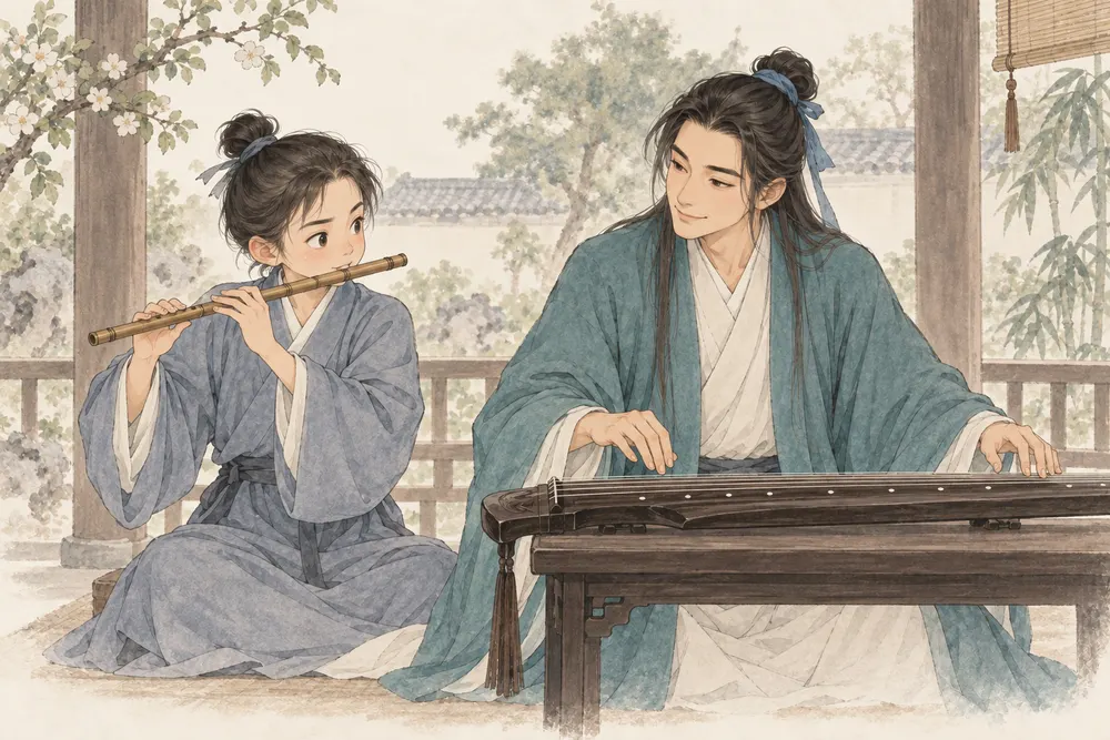 庭院中两位同伴一人吹竹笛、一人弹古琴，姿态从容，留意彼此的配合。