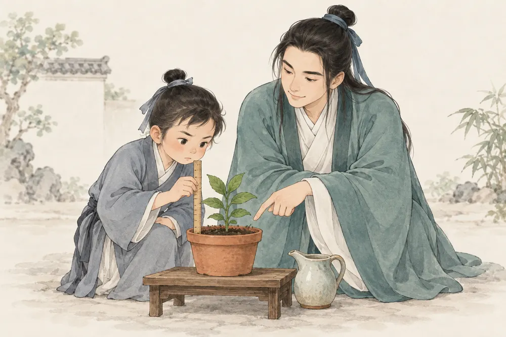 年轻人拿着竹尺，低头查看花苗长了多高；身旁的吕祖形象指向盆土，旁边放着小水壶。