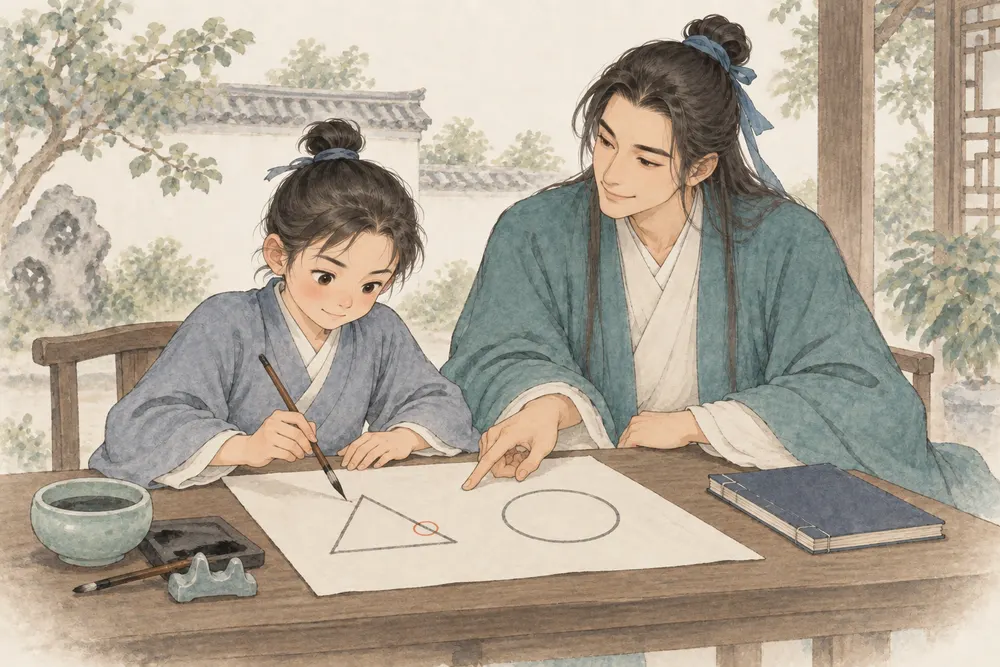 书桌前，年轻读者平静地订正纸上的图形习作，吕祖形象指向可以改进的一处。