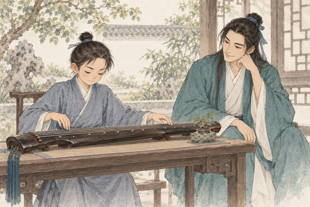 小读者从容弹着桌上的古琴，吕祖形象坐在一旁倾听，神情放松。