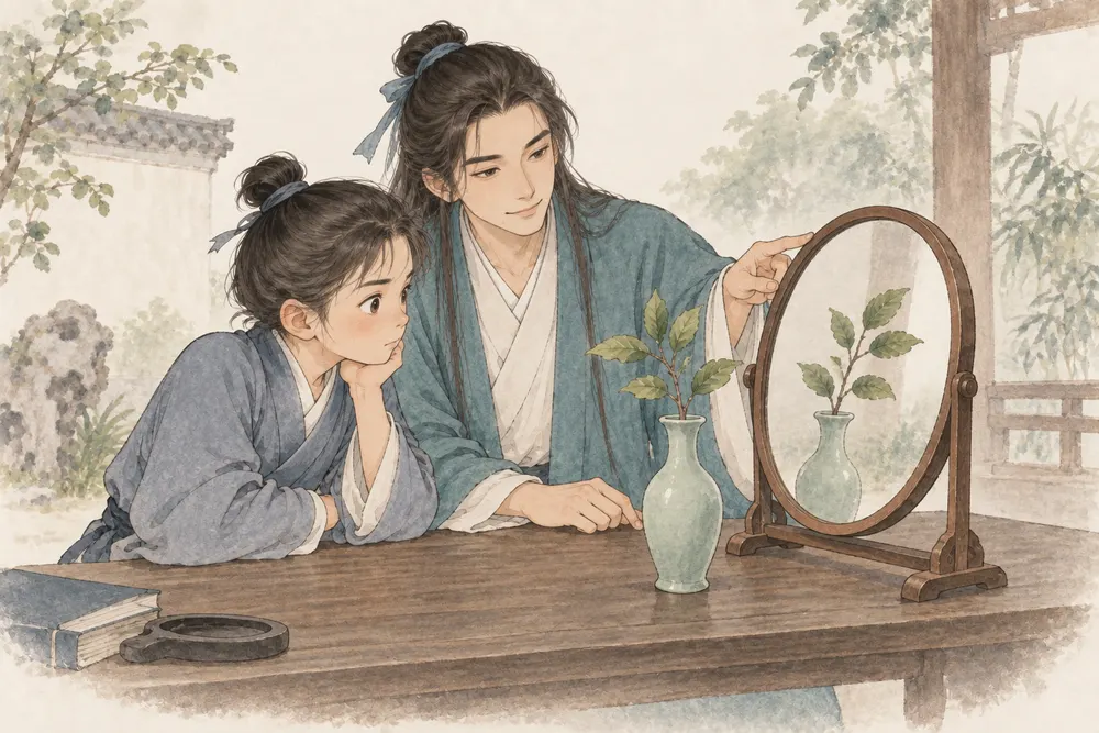 桌上圆镜映着瓶中的枝叶，年轻读者看着镜面，吕祖形象提醒他也留意镜子的边缘。