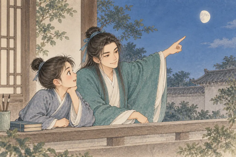 庭院窗前，吕祖形象伸手指月，小读者从手指转头看向天上的月亮。
