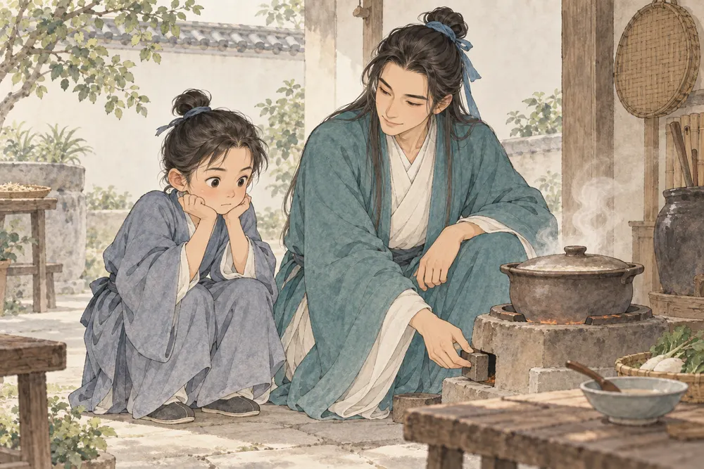 年轻读者留意小火上的粥锅，吕祖形象从容照看炉火，锅上只有轻柔水汽。