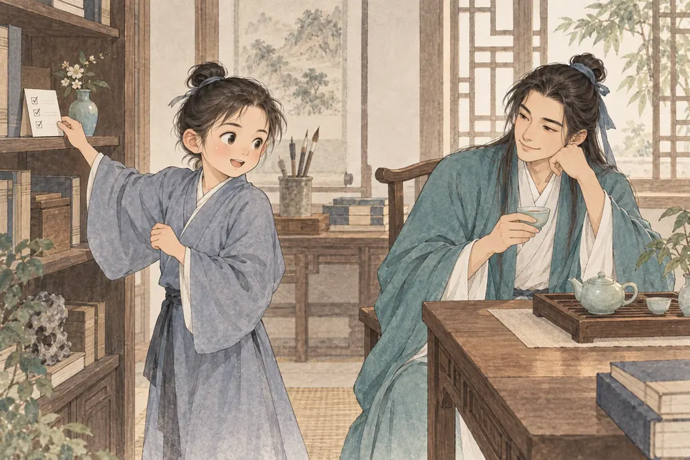 书房已经收拾齐整，小读者把清单放到架上，吕祖形象在茶桌旁安坐。