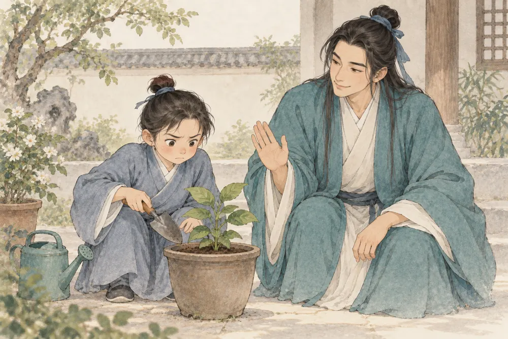 小读者拿着小铲停在花盆旁，吕祖形象抬手提醒先别翻土，幼苗安稳地长在盆里。