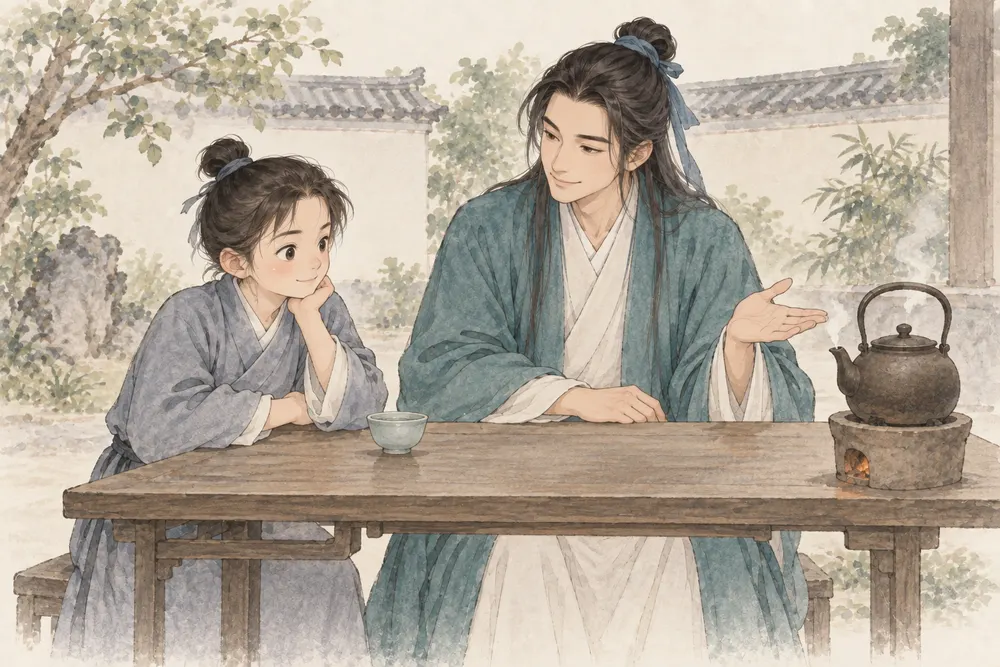 青衣读者与吕祖形象坐在茶桌旁，从正常距离留意水壶，壶口只有少量水汽。