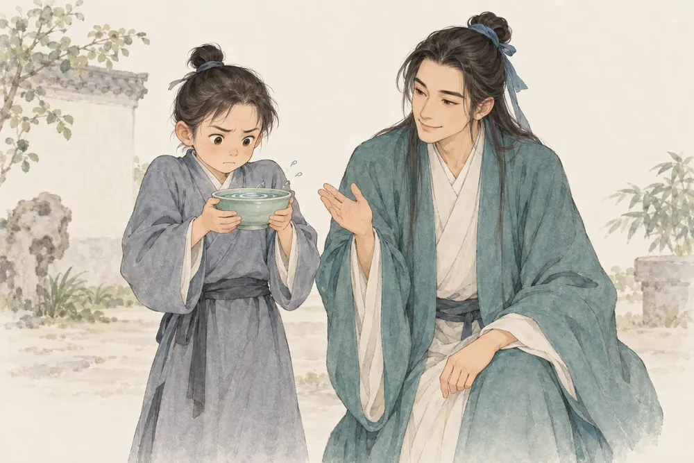 年轻人双手端着一碗水，肩臂绷紧，水面泛起波纹；身旁的吕祖形象微笑着，用放松的手势提醒。